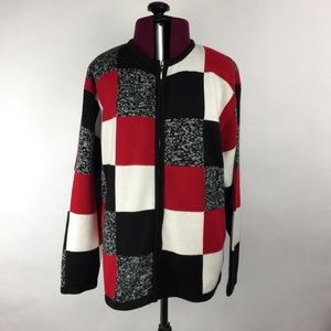 Dress Barn Checked Cardigan Zip Sweater Red Black
